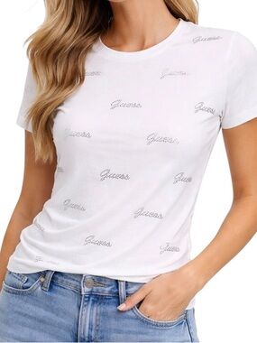GUESS White Rhinestone Logo T Shirt Women L Bling Script Stretch NWT
